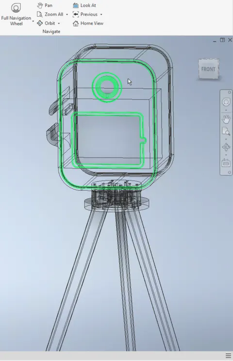 Dessin CAO d’une borne instabox sur son trépied : le modèle filaire de la borne, l’anneau de caméra en vert